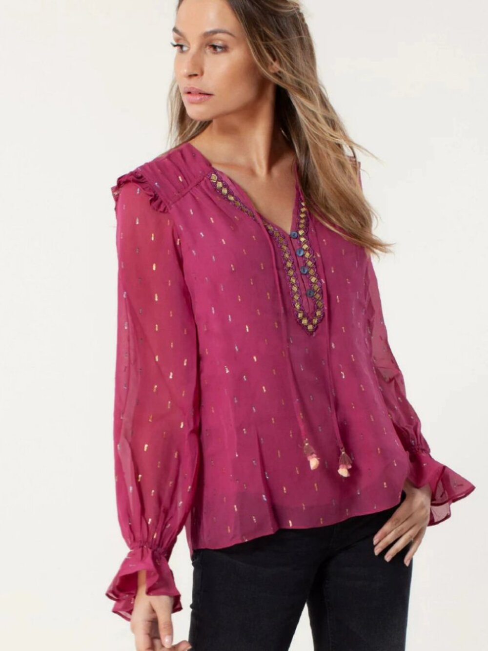 Hale Bob Magenta Silk Metallic Dot Blouse S M